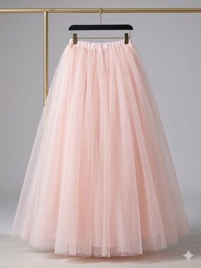 Pale Pink Tulle Maxi Skirt with Elastic Waist. Versatile Elegant or Casual.